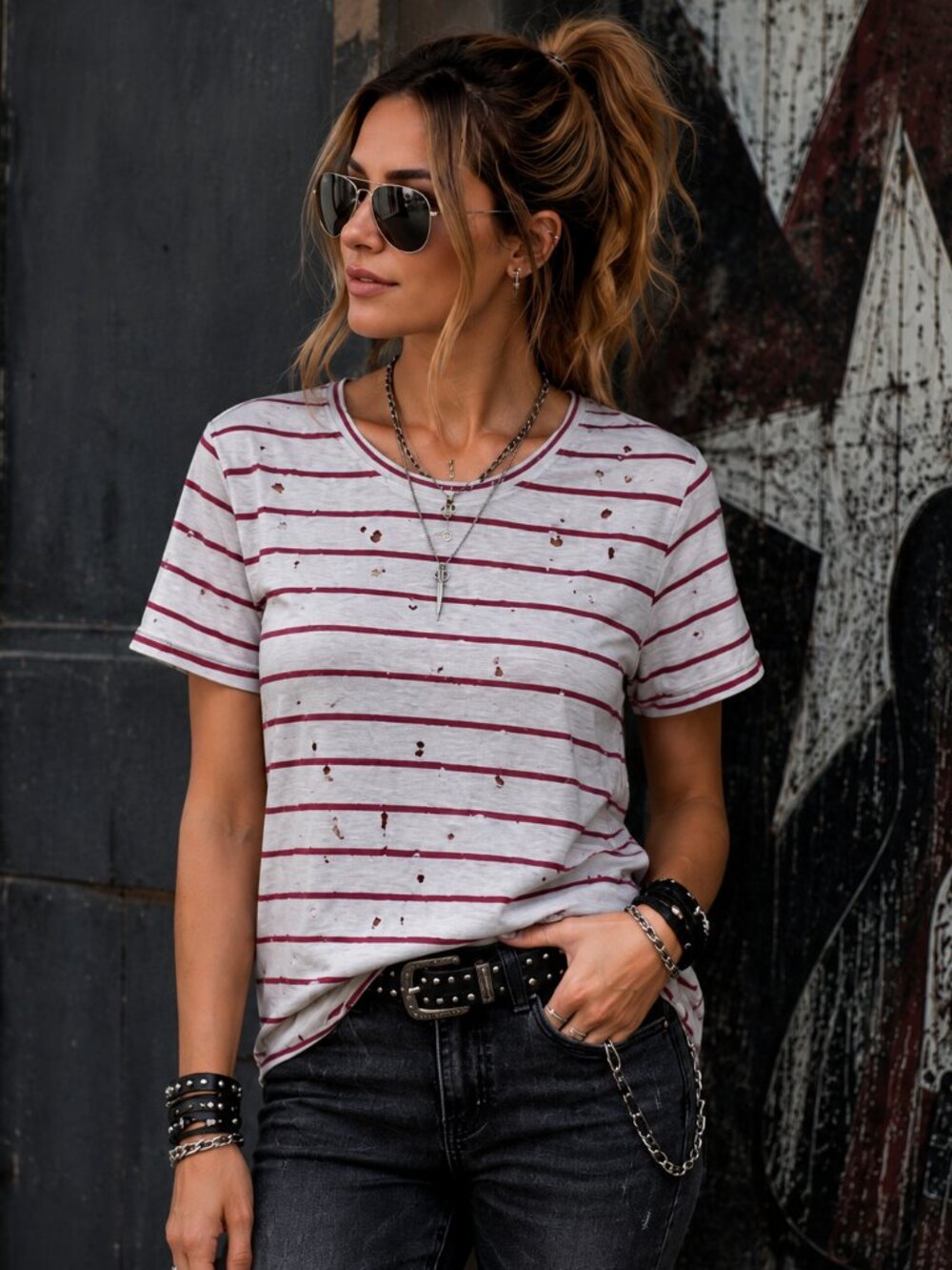 IRO Short Sleeve Scoop Neck White w/Red Trim & Stripes Distressed w/Holes Tee S